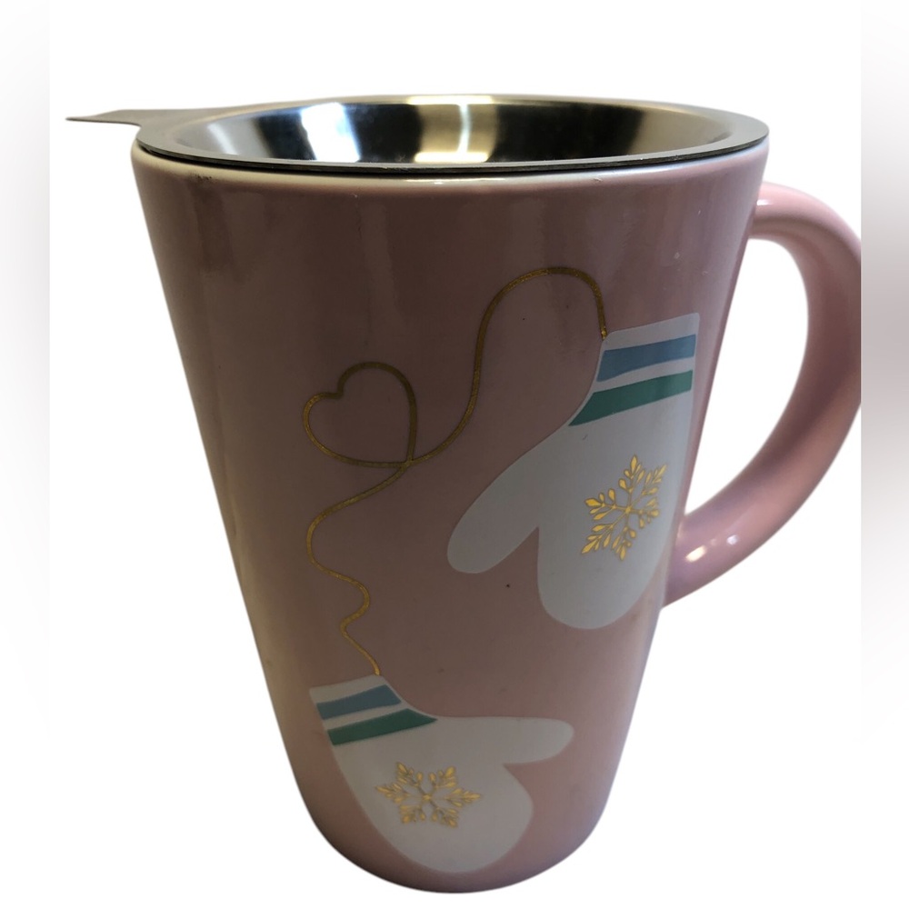 David’s Tea Mug with Tea strainer Pink with Gold accents